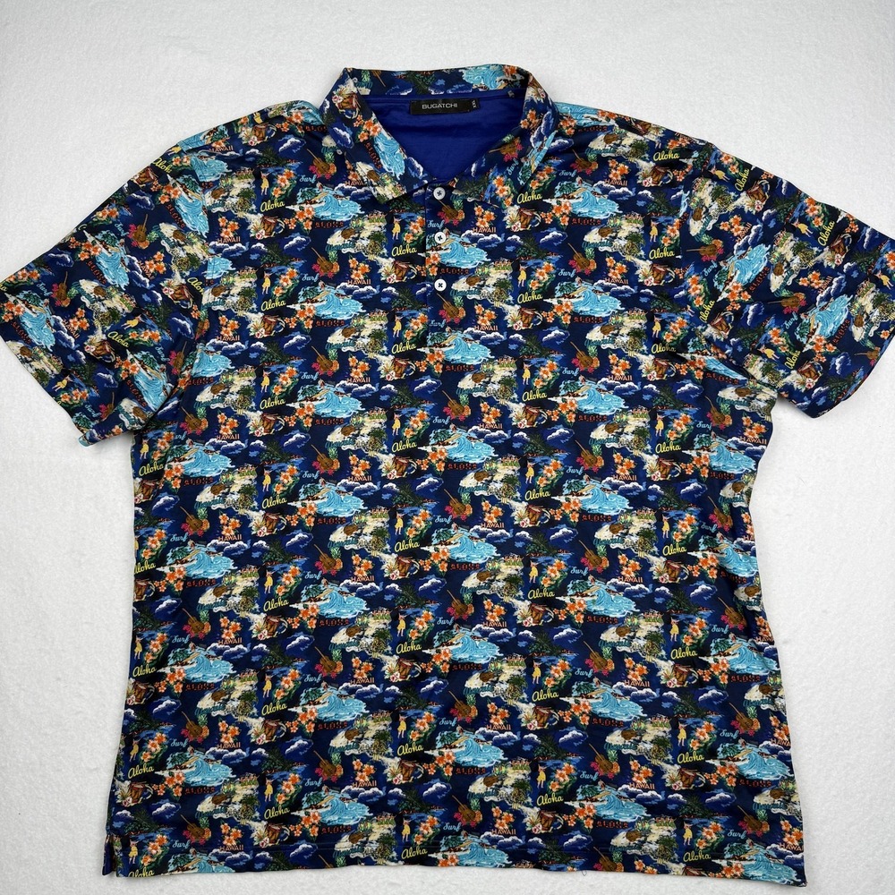 Bugatchi Polo Shirt Mens 2XL Blue Hawaii Aloha Print Cotton Big & Tall Tropical